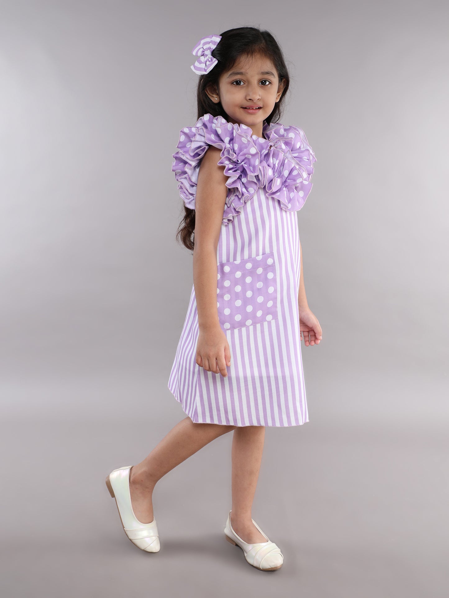 Ruffle Neck A Line  Cotton Dress -Lavender