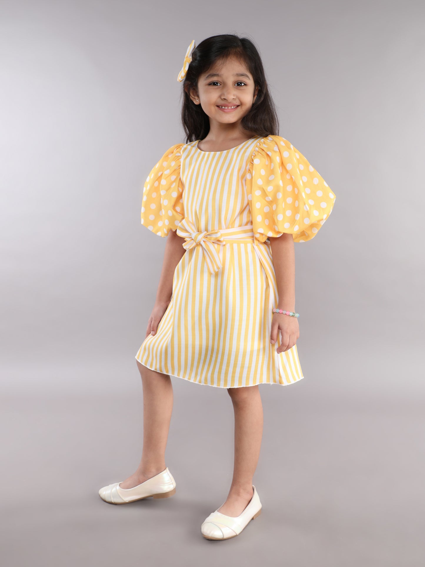 PinkChick Puff Sleeves Aline Dress -Yellow