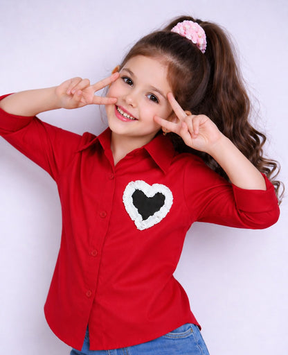 Heart Applique Cotton  Shirt-Red