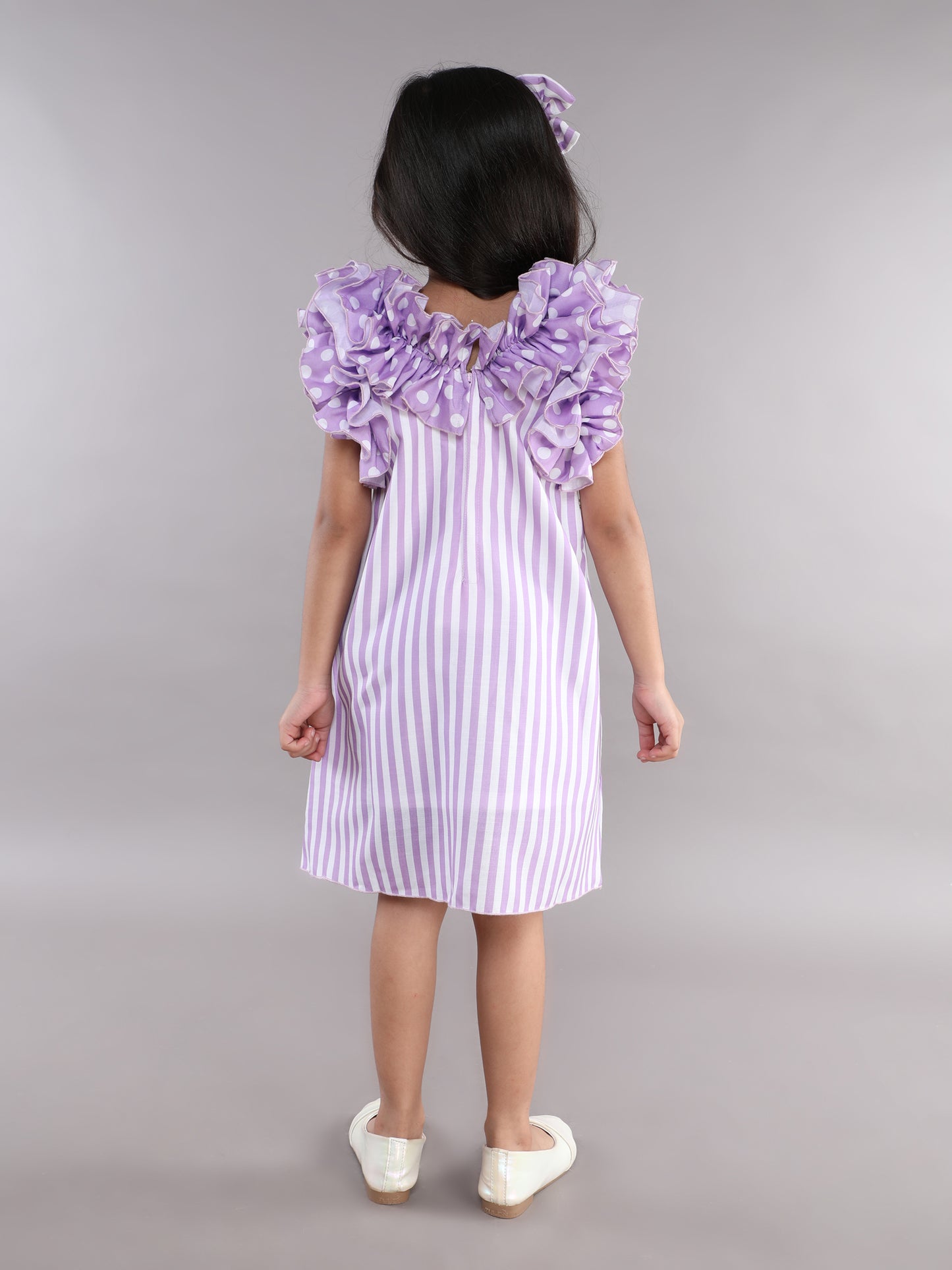 Ruffle Neck A Line  Cotton Dress -Lavender