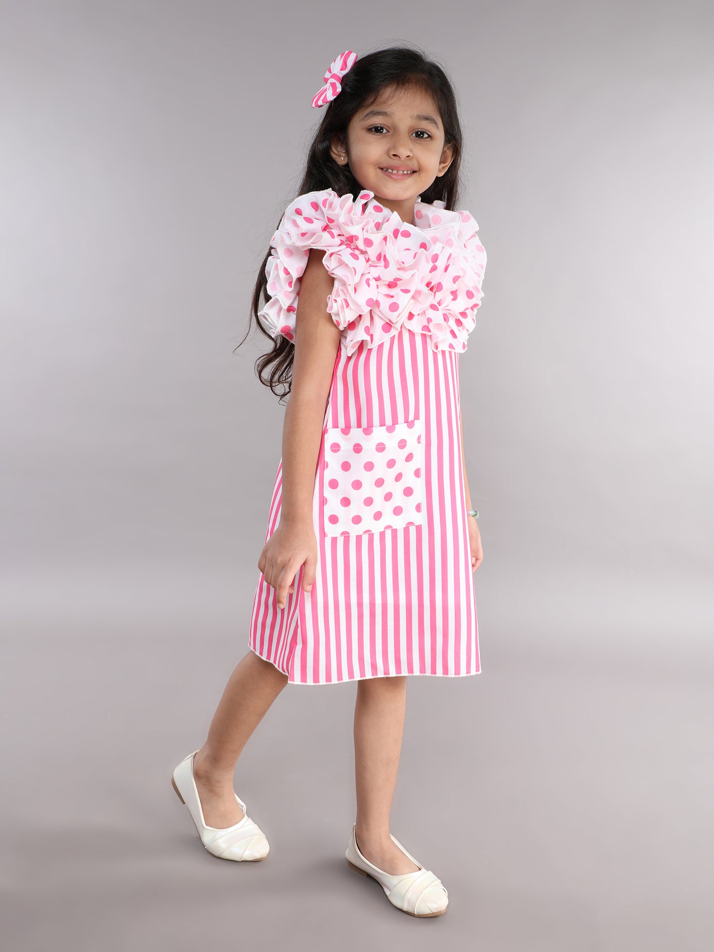 Ruffle Neck A Line  Cotton Dress -Pink