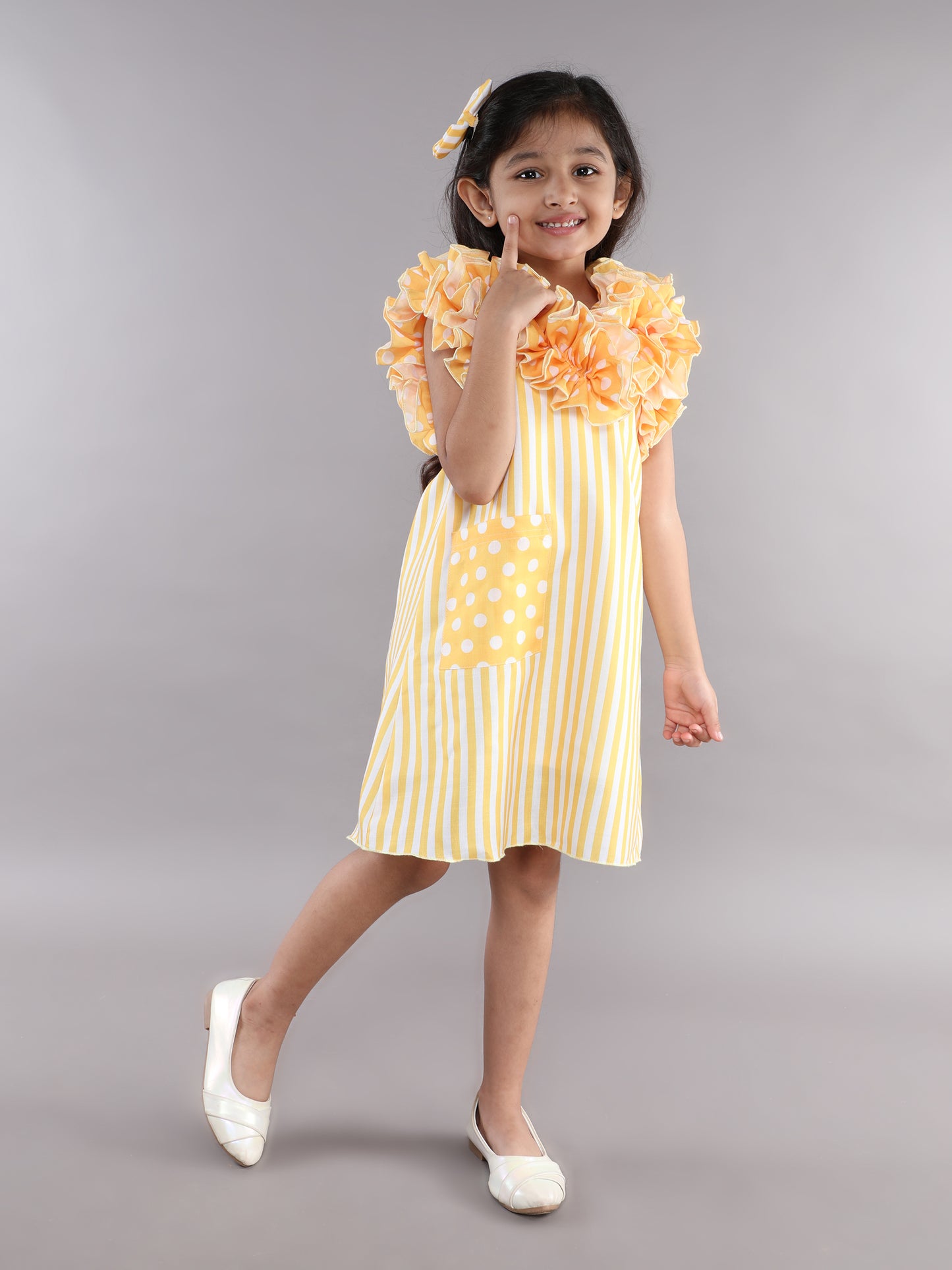 Ruffle Neck A Line  Cotton Dress -Yellow