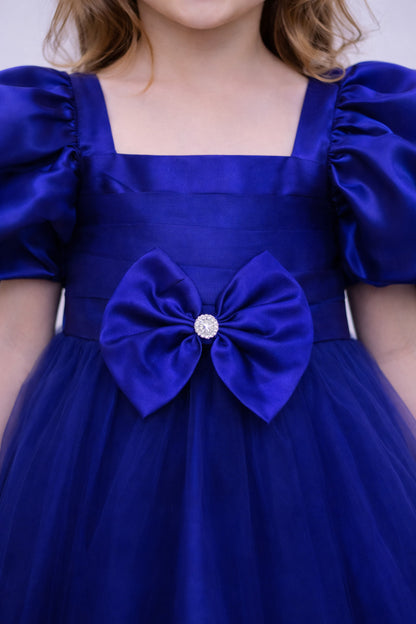 Puff Sleeves Smoked Back Dress - Blue