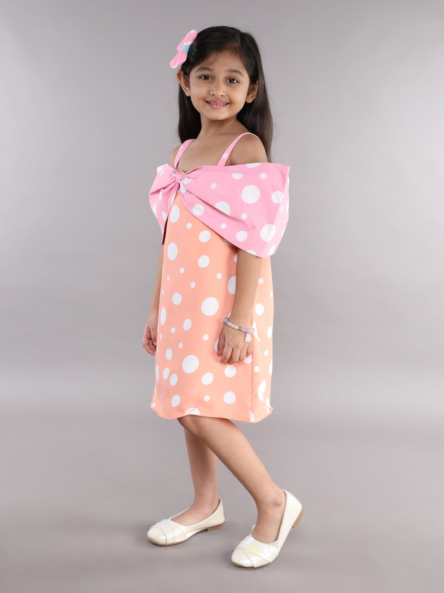 Polkadot Cotton Bow Dress -Peach