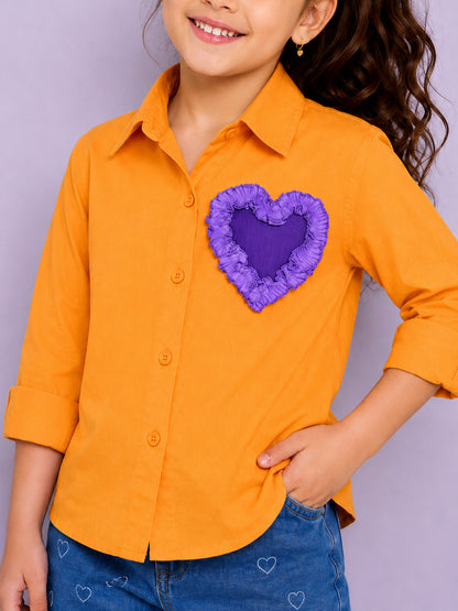 Heart Applique Cotton  Shirt-Yellow