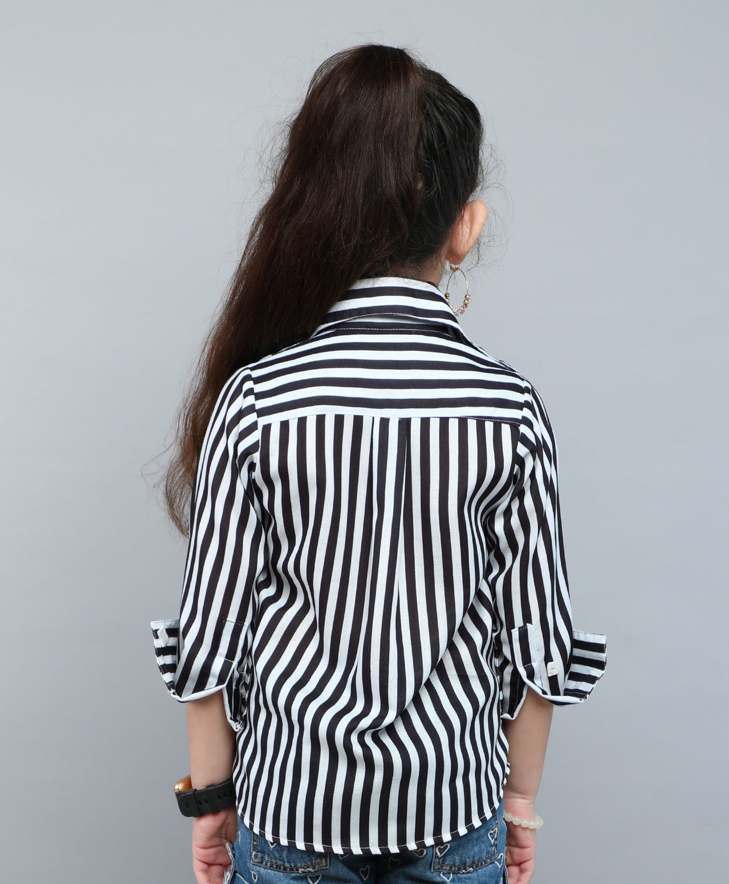 Heart Applique Stripped Cotton  Shirt-Black