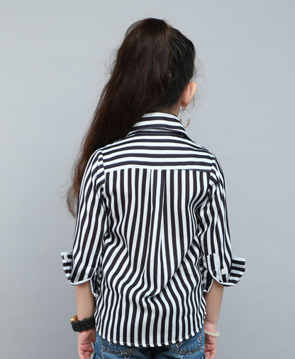 Heart Applique Stripped Cotton  Shirt-Black