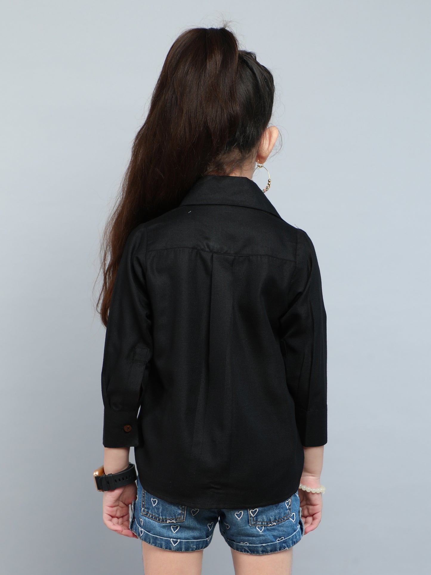 Heart Applique Cotton  Shirt -Black