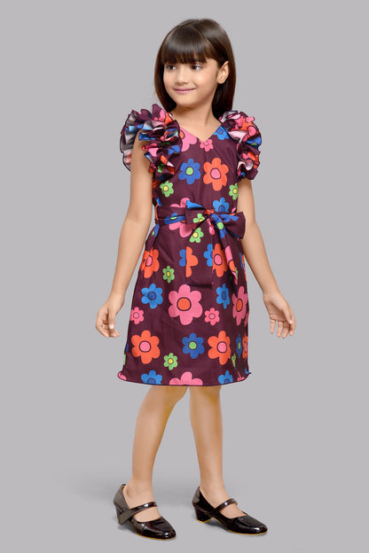 Floral Shift Dress with Ruffle Sleeves -Burgundy