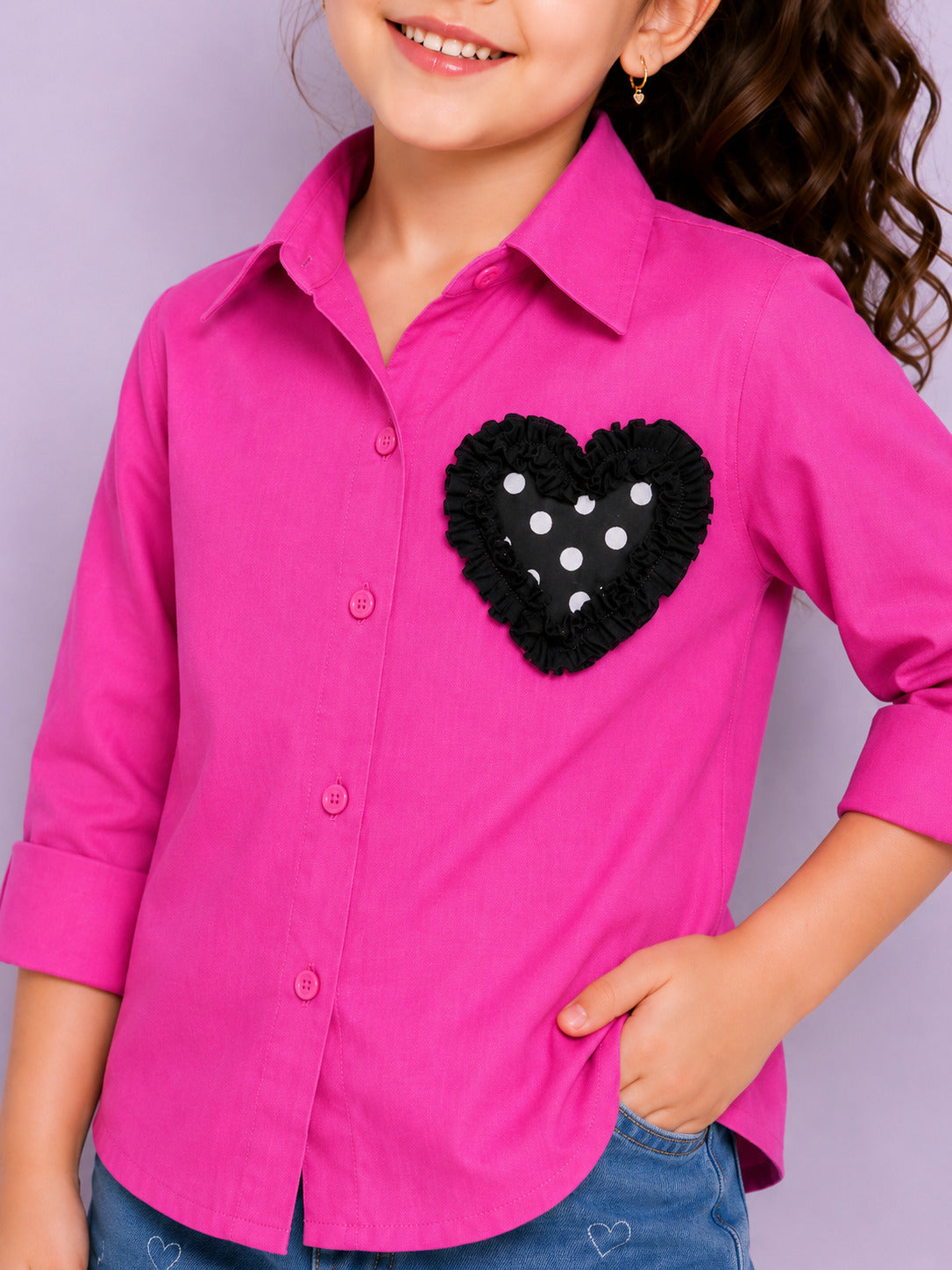 Heart Applique Cotton  Shirt-Pink