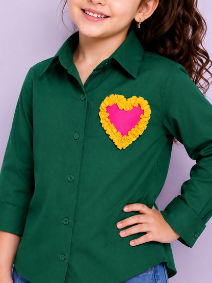 Heart Applique Cotton  Shirt-Green