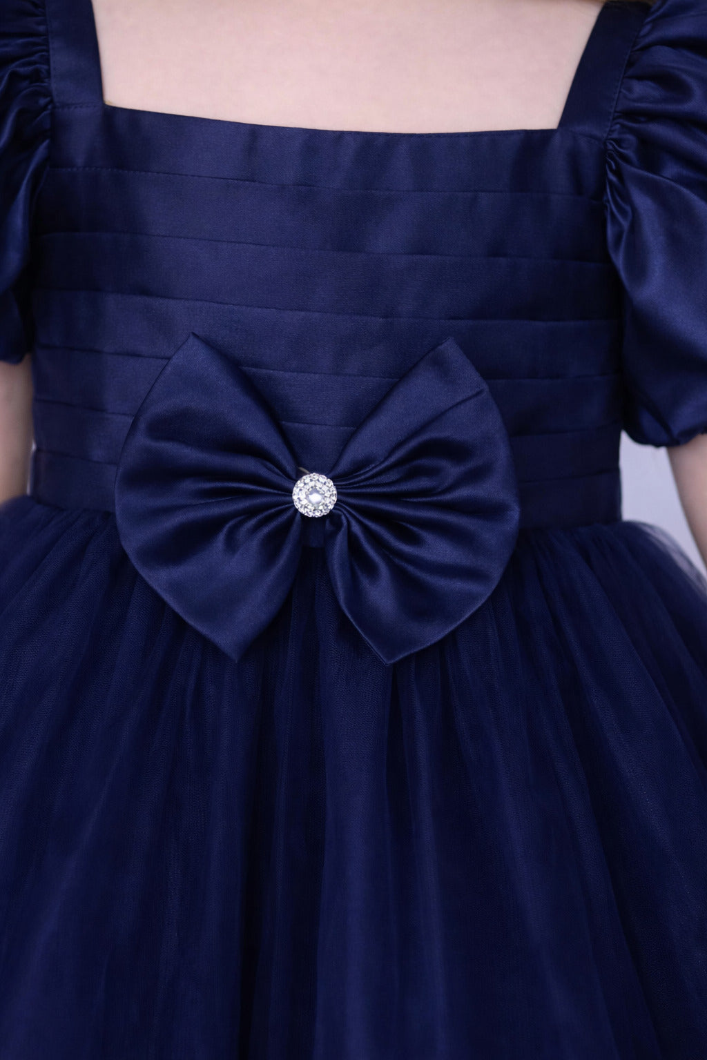 Puff Sleeves Smoked Back Dress - Navy Blue