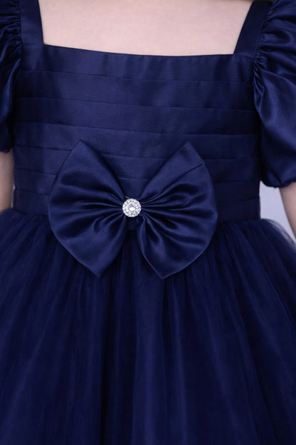 Puff Sleeves Smoked Back Dress - Navy Blue