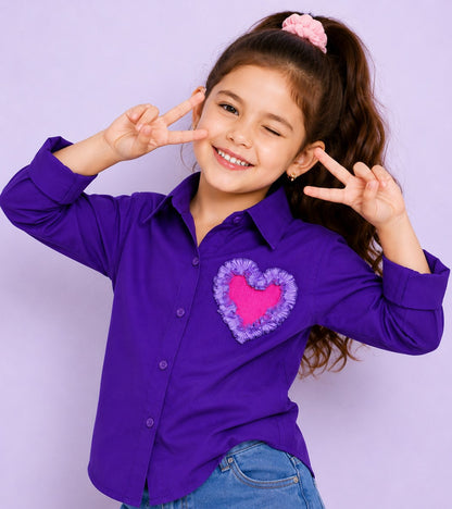 Heart Applique Cotton  Shirt-Purple