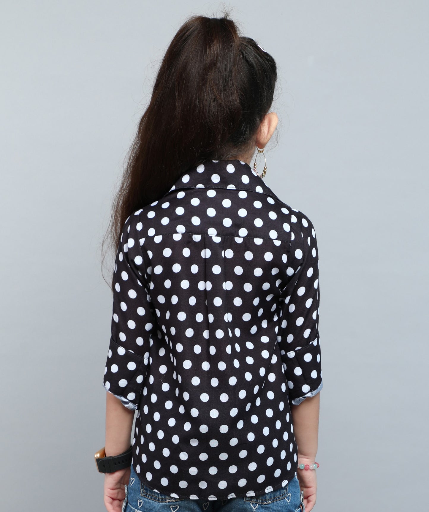 Heart Applique Polkadot Cotton  Shirt-Black