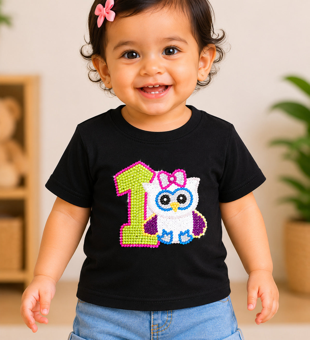 1st Birthday Applique Black T-Shirt with Cute Owl