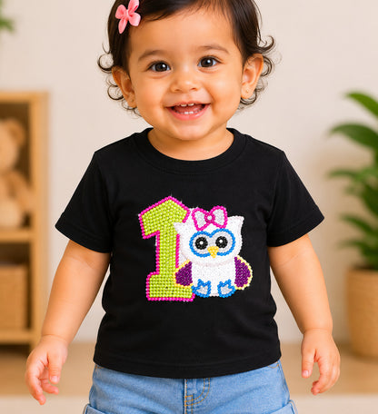 1st Birthday Applique Black T-Shirt with Cute Owl