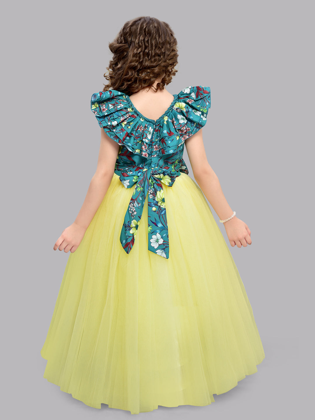 Floral Green  Bodice and Yellow Tulle Gown