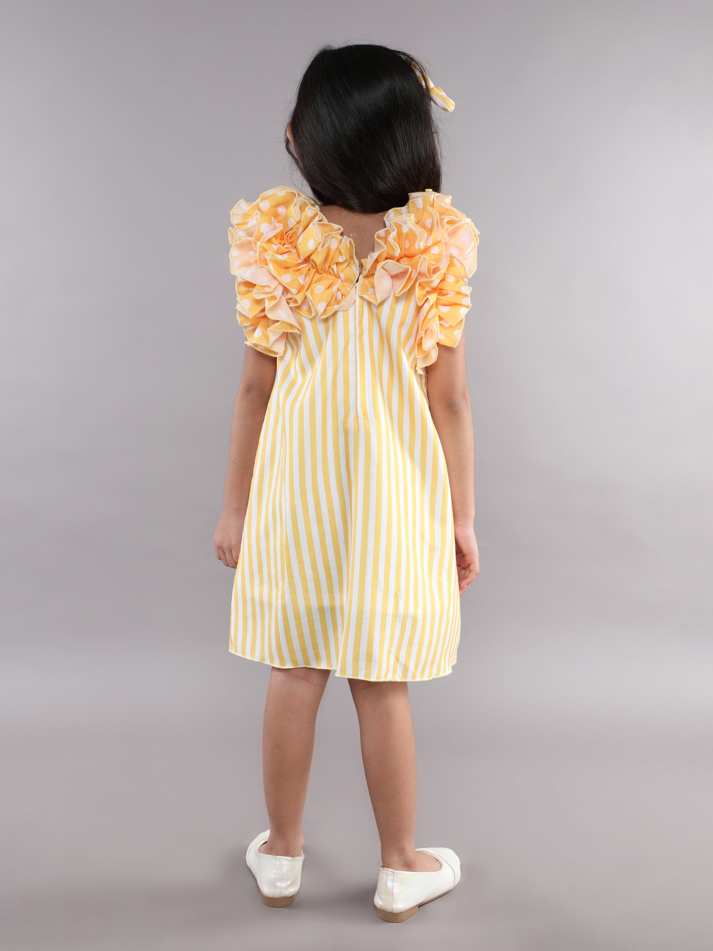 Ruffle Neck A Line  Cotton Dress -Yellow