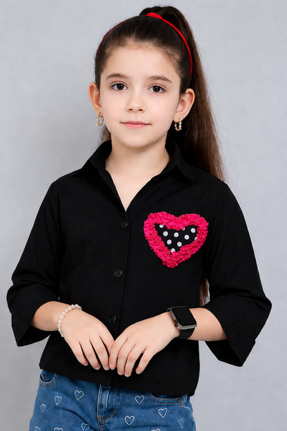 Heart Applique Cotton  Shirt -Black