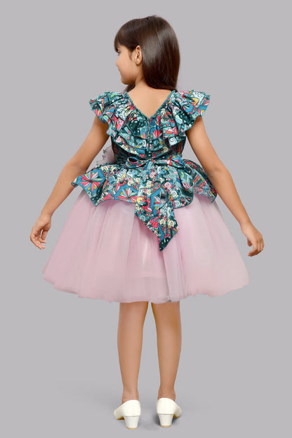 Printed Peplum  Dress - Teal & Pink