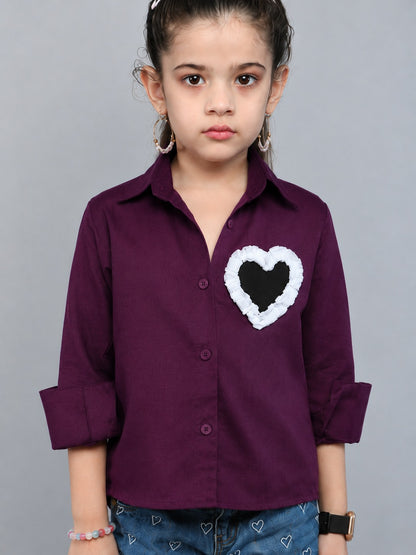 Heart Applique Cotton  Shirt-Wine