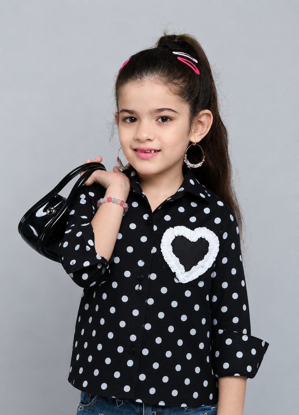Heart Applique Polkadot Cotton  Shirt-Black