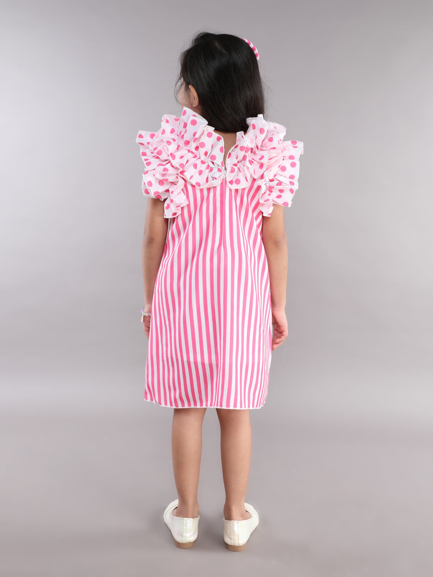 Ruffle Neck A Line  Cotton Dress -Pink