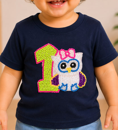 1st Birthday Applique Owl  Tee-Navy