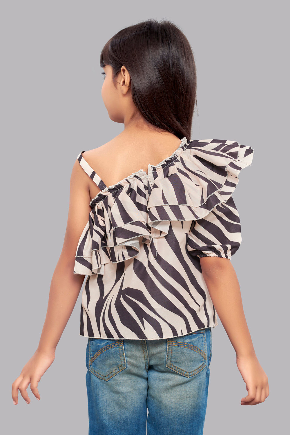 One Shoulder Zebra Print Top with Ruffles- Beige & Black