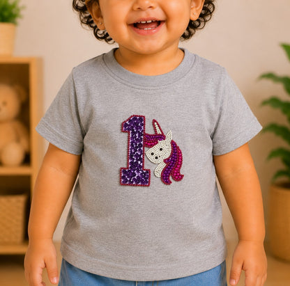 1st Birthday Tee-Unicorn - Grey