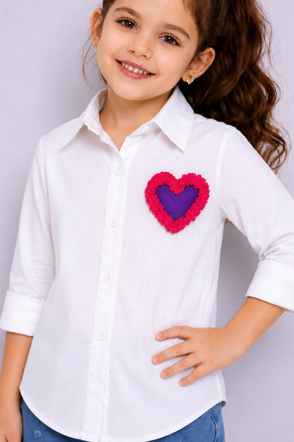Heart Applique Cotton  Shirt -White