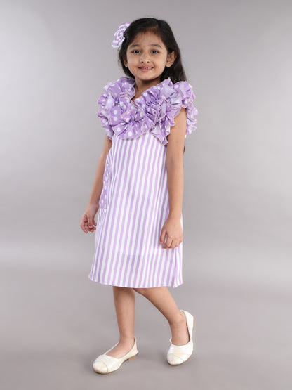 Ruffle Neck A Line  Cotton Dress -Lavender