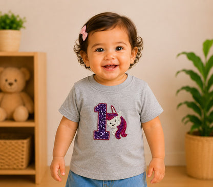 1st Birthday Tee-Unicorn - Grey