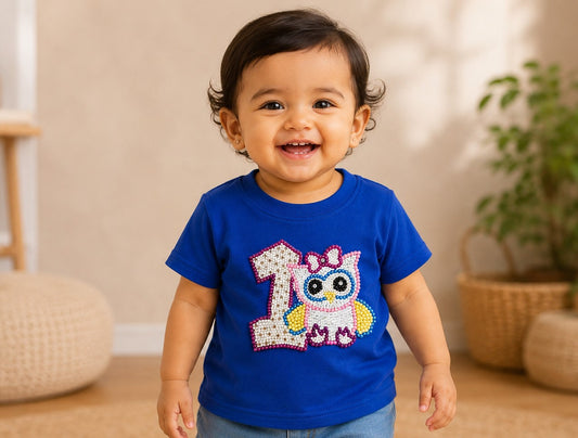 1st Birthday Owl Tee -Blue