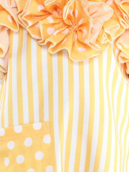 Ruffle Neck A Line  Cotton Dress -Yellow