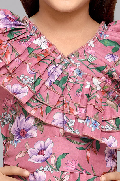 Pink Ruffle V Neck Floral Dress
