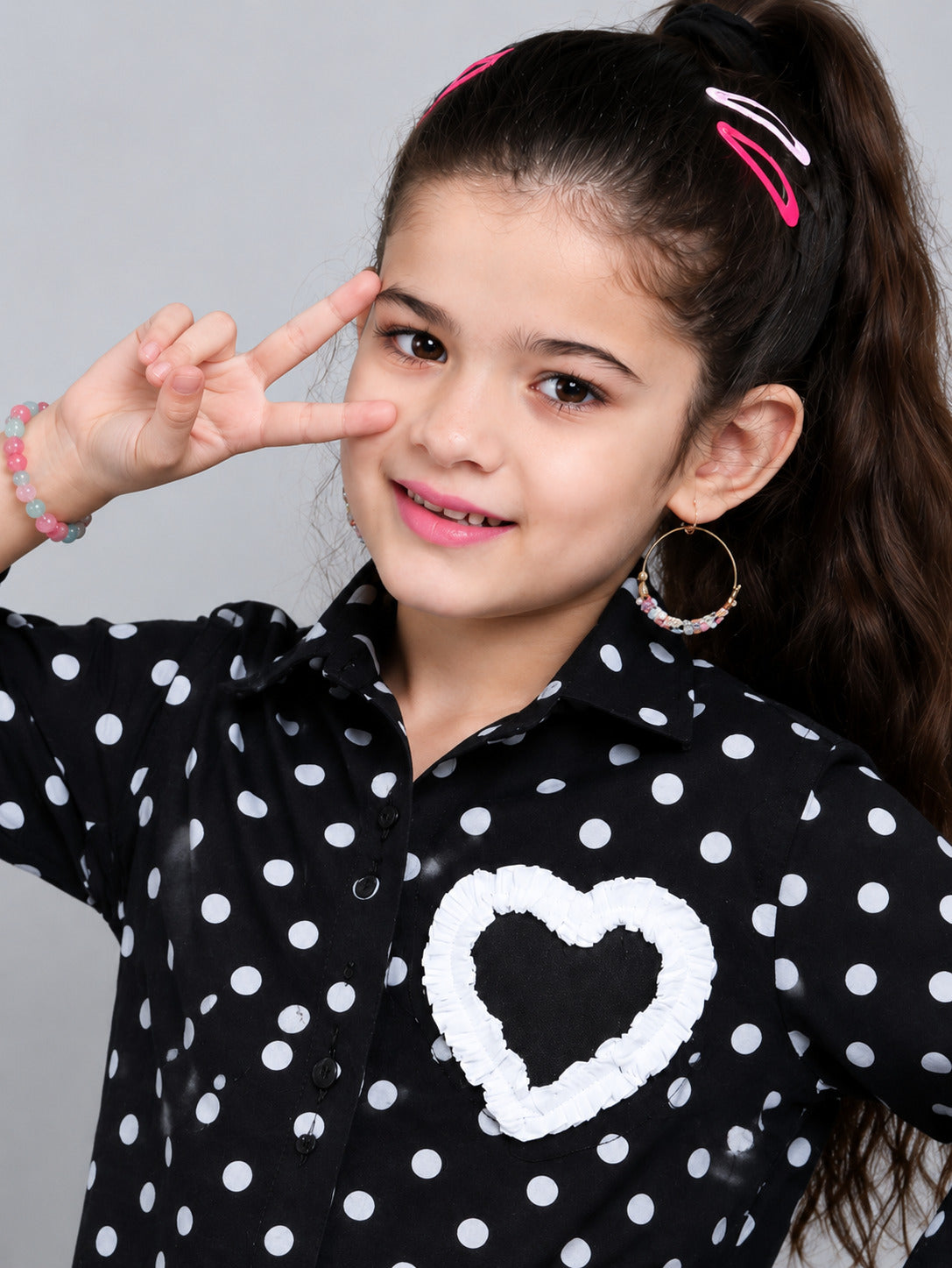 Heart Applique Polkadot Cotton  Shirt-Black