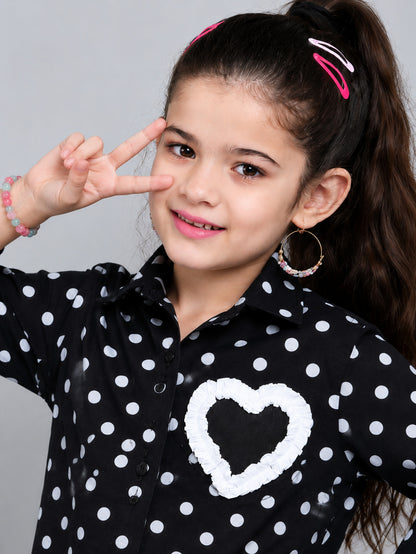 Heart Applique Polkadot Cotton  Shirt-Black