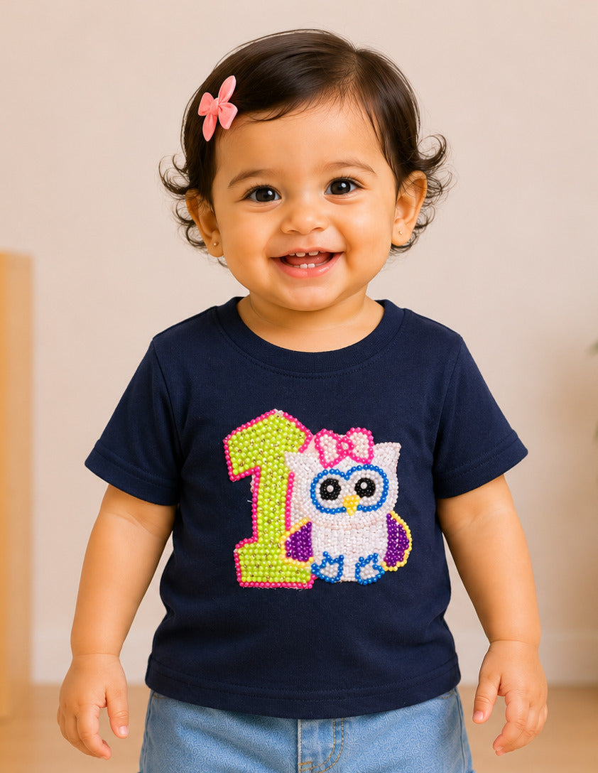 1st Birthday Applique Owl  Tee-Navy