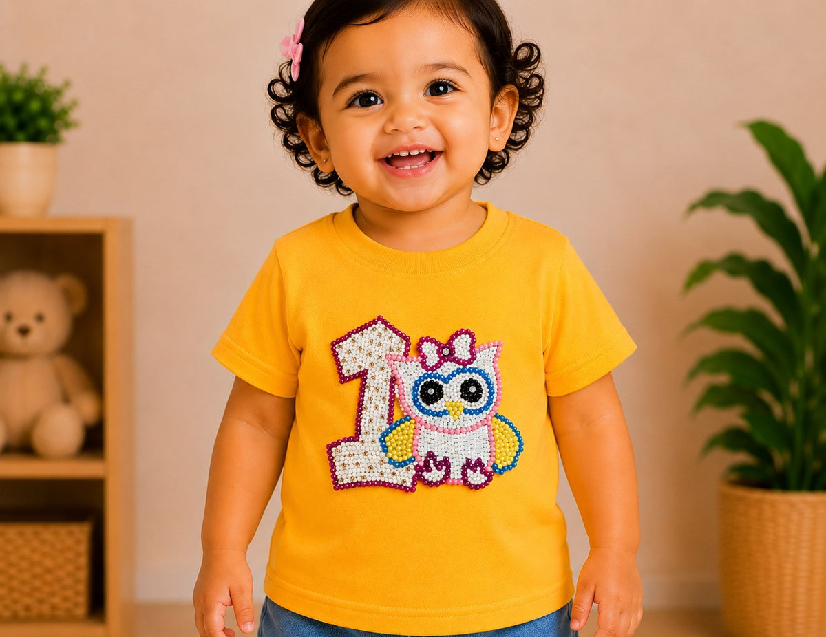 1st Birthday Owl Tee -Yellow