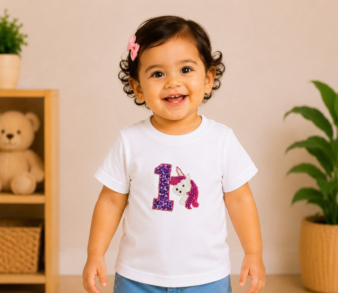 1st Birthday Unicorn Applique -White
