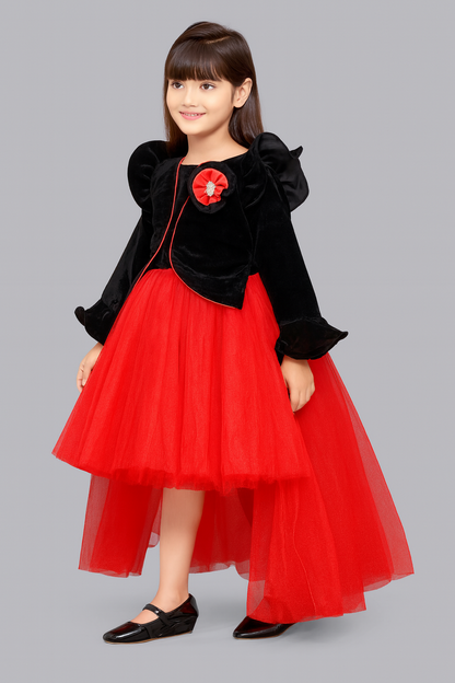Pink Chick  Black Velvet and Red Jacket Style Hi-Low Dress