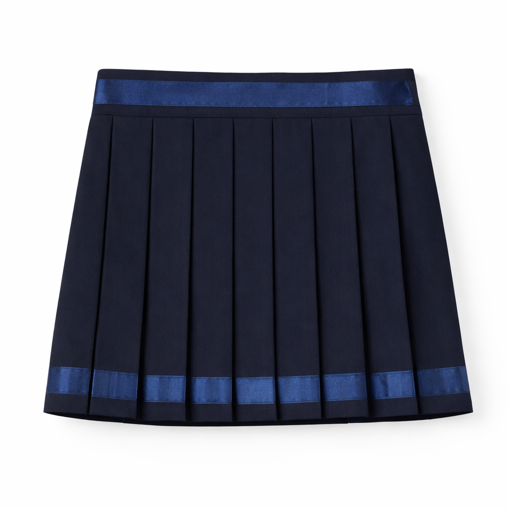 Girls Navy Pleated Skirt with Satin Detail