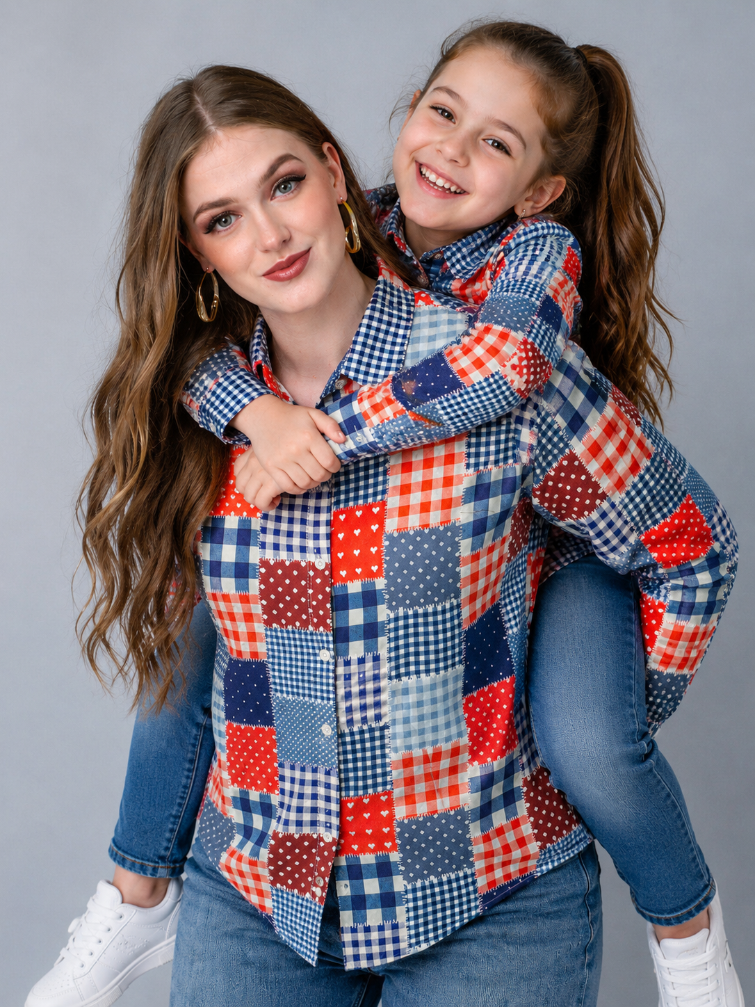 Patchwork Check Print Twinning Shirt
