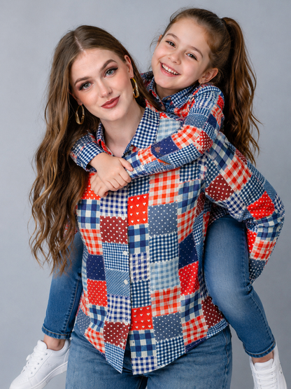 Patchwork Check Print Twinning Shirt