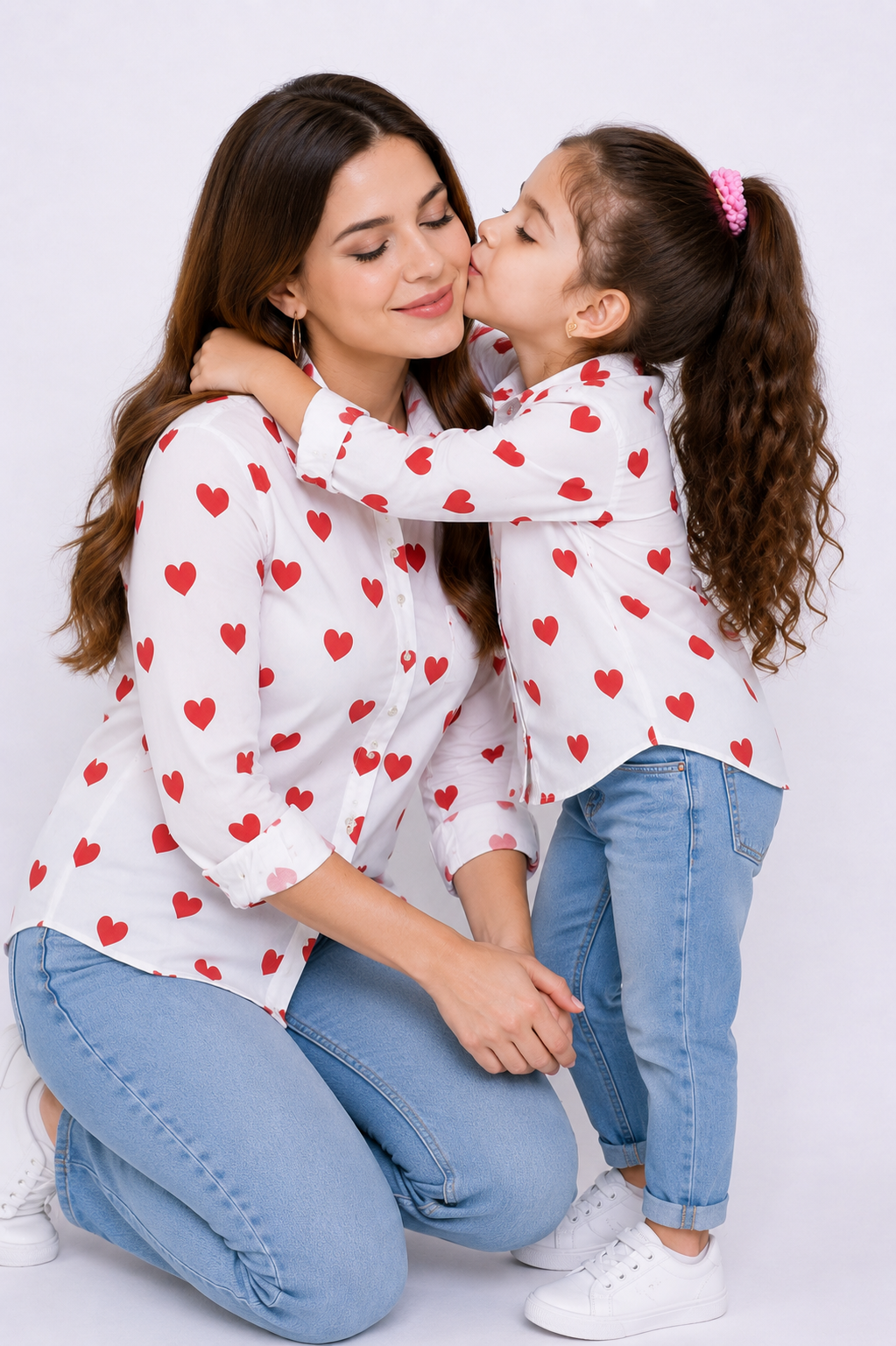 Heart Print Twinning Shirt -Red