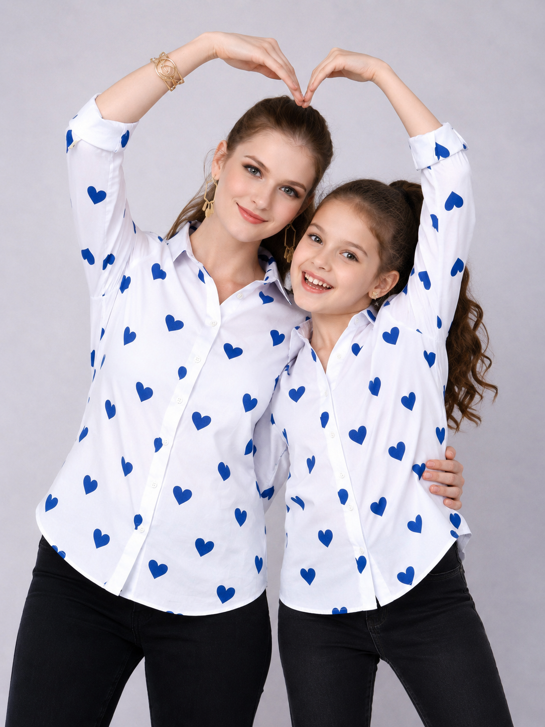 Heart Print Twinning Shirt -Navy Blue