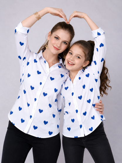 Heart Print Twinning Shirt -Navy Blue