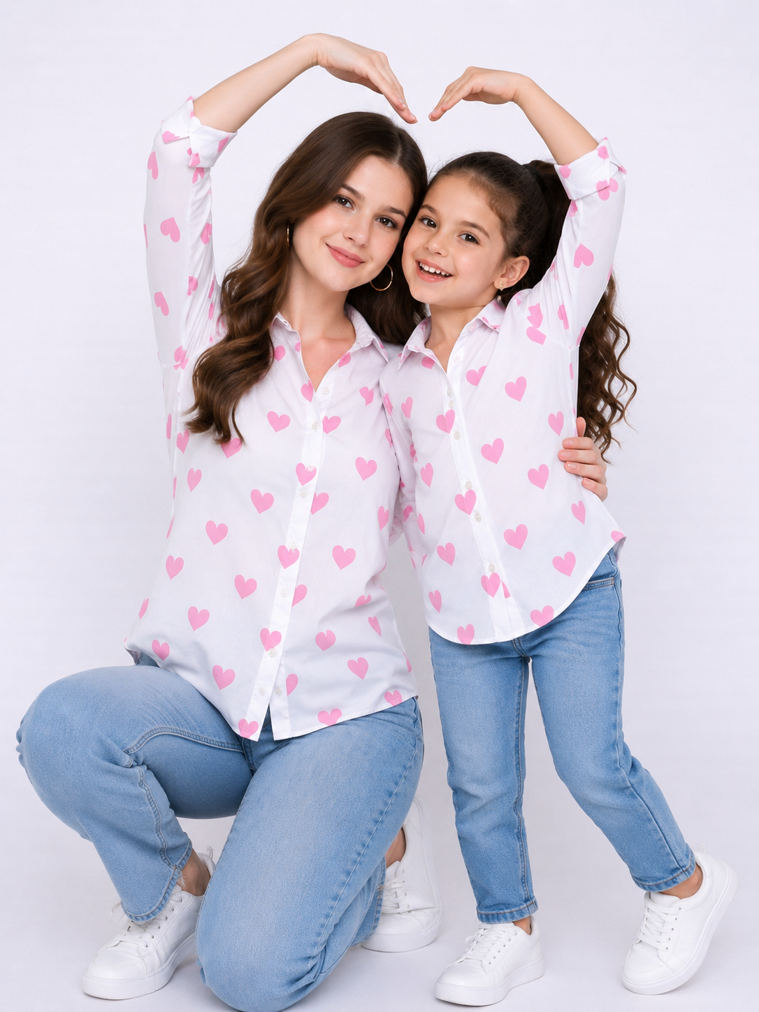Heart Print Twinning Shirt -Pink